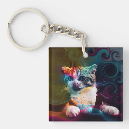 カラフルでおしゃれな猫の芸術 キーホルダー (正面)