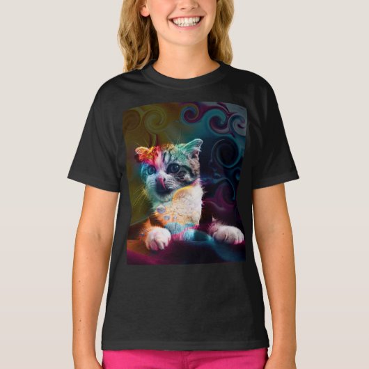 カラフルでおしゃれな猫の芸術 Tシャツ (正面)
