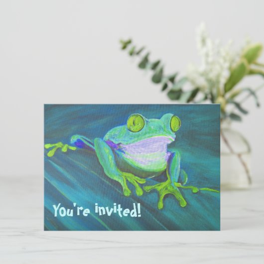 カラフルでおもしろいでファンキーなカエルの子供の誕生日の招待 招待状 (スタンド正面)