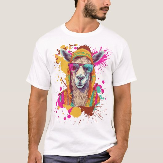 カラフルでおもしろいラマTシャツ | かわいいおしゃれな動物 Tシャツ (正面)