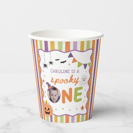 カラフルでお化けな１歳のハロウィンお誕生日 紙コップ (正面)