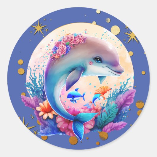 カラフルでかわいいイルカと金色の星 ラウンドシール (正面)