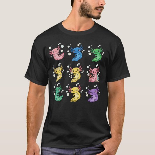 カラフルでかわいいウーパールーパー柄のアート Tシャツ (正面)