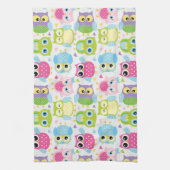 カラフルでかわいいコキンメフクロウパターン キッチンタオル (縦)