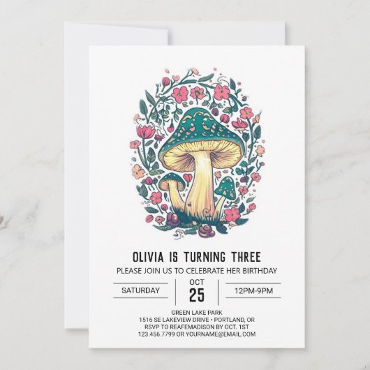 カラフルでかわいいデジタルきのこ誕生日 招待状 (正面)