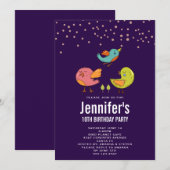 カラフルでかわいい幻想的な鳥の誕生日 招待状 (正面/裏面)