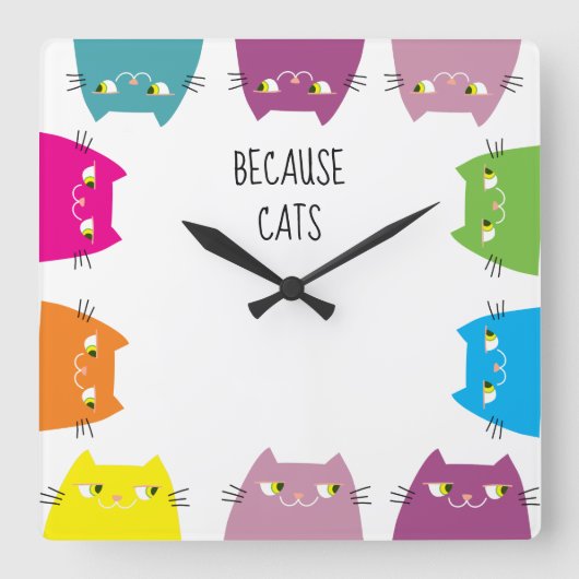 カラフルでかわいい猫の壁掛け時計 スクエア壁時計 (正面)