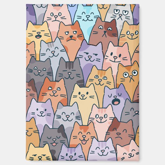 カラフルでかわいい猫の群れパターン 遊び心のある猫の顔 マグネット (正面)