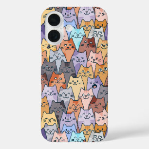 カラフルでかわいい猫の顔がたくさん集まったパターン 面白い猫の顔 iPhone 16ケース