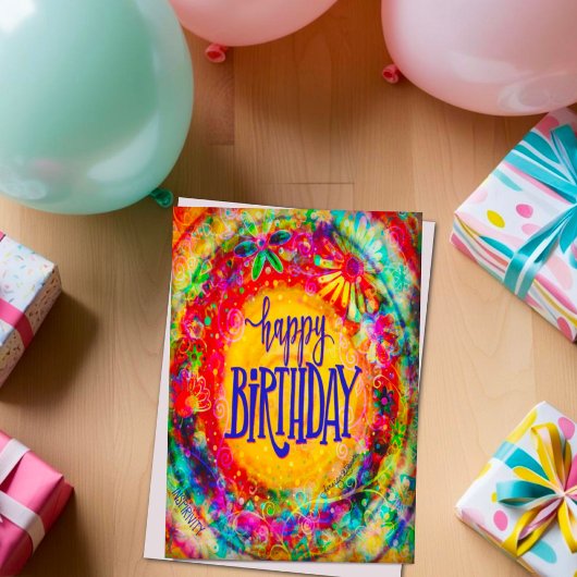 カラフルでかわいい花柄の楽しいボヘミアンスタイルの誕生日おめでとう カード