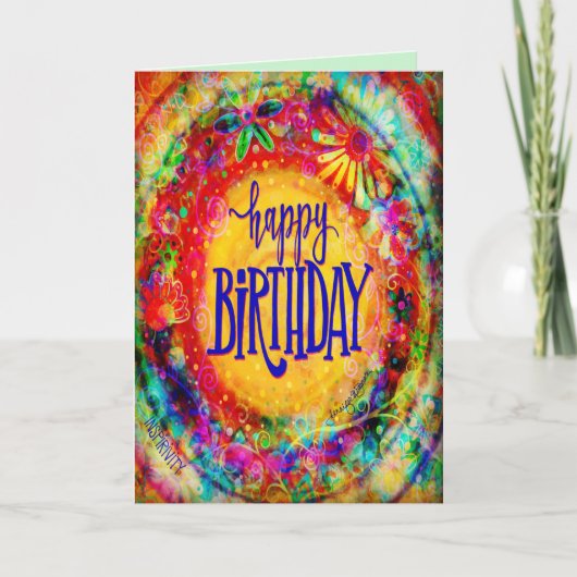 カラフルでかわいい花柄の楽しいボヘミアンスタイルの誕生日おめでとう カード (正面)