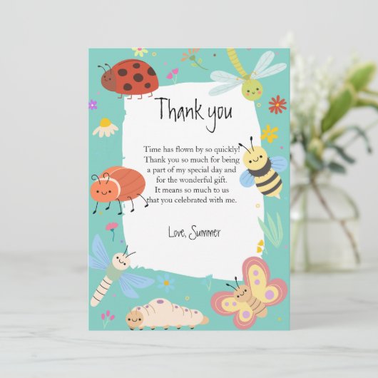 カラフルでかわいい虫の子供の誕生日 サンキューカード (スタンド正面)