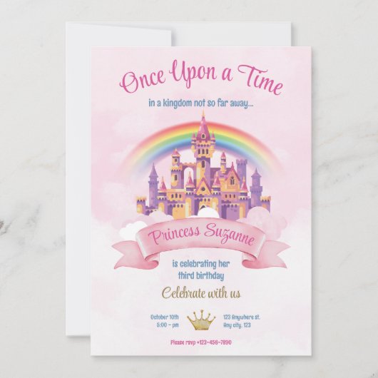 カラフルでイラストたっぷりのプリンセス誕生日パーティー 招待状 (正面)