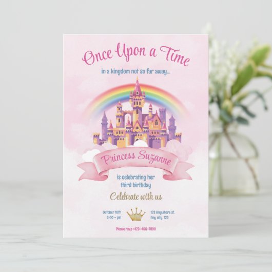 カラフルでイラスト入りのプリンセス誕生日パーティー 招待状 (スタンド正面)