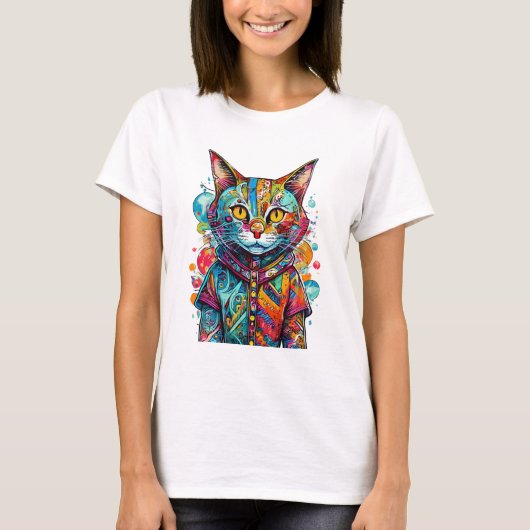 カラフルでキュートな子猫の抽象芸術デザイン Tシャツ (正面)