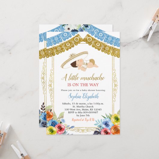 カラフルでゴールドのチャロ Let's Fiesta 招待状 (正面/裏面インサイチュ)