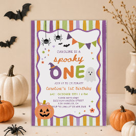 カラフルでスプーキーなハロウィンの幽霊の1歳の誕生日 招待状