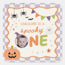 カラフルでスプーキーなハロウィン1歳の誕生日ステッカー スクエアシール