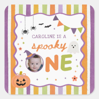 カラフルでスプーキーなハロウィン1歳の誕生日ステッカー スクエアシール