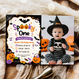 カラフルでスプーキーな１歳のハロウィン誕生日パーティーの写真 招待状