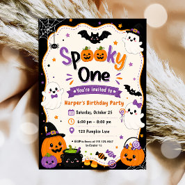 カラフルでスプーキーな１歳のハロウィン誕生日パーティー 招待状