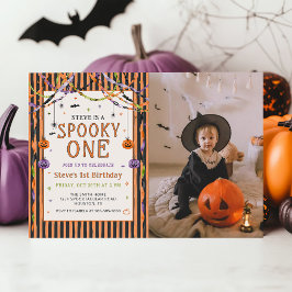 カラフルでスプーキーな1歳のハロウィン誕生日写真 招待状