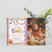 カラフルでスプーキーな1歳のハロウィンゴースト誕生日写真 招待状 (スタンド正面)