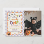 カラフルでスプーキーな1歳のハロウィンゴースト誕生日写真 招待状 (正面)
