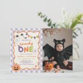 カラフルでスプーキーな1歳のハロウィンゴースト誕生日写真 招待状 (スタンド正面)