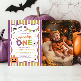 カラフルでスプーキーな1歳のハロウィンゴースト誕生日写真 招待状