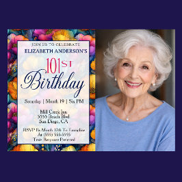 カラフルでビブランなポピー フラワー 101歳の誕生日フォト 招待状