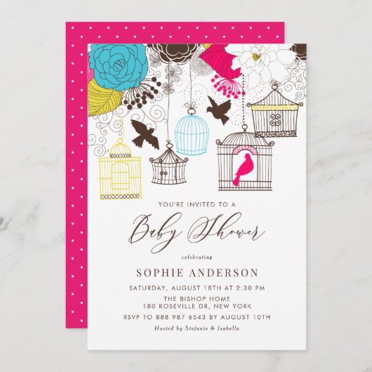 カラフルでファンシーな鳥かごのベビーシャワー 招待状 (正面/裏面)