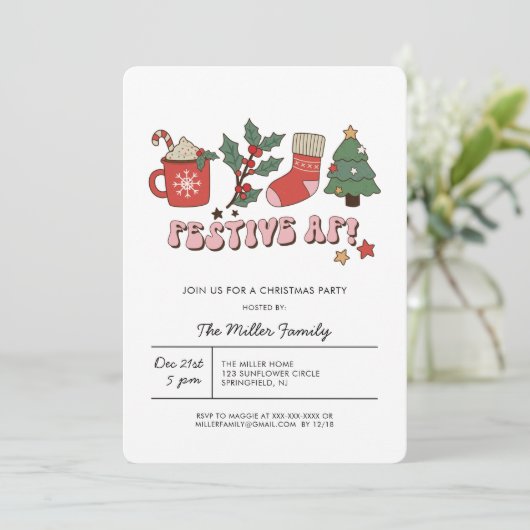 カラフルでフェスティブなレトロクリスマスパーティーの招待状 招待状 (スタンド正面)