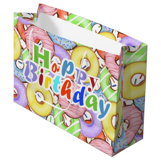 カラフルでポップなパステルカラーのドーナツ 誕生日 ラージペーパーバッグ (正面アングル)