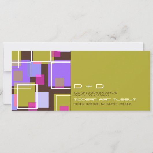 カラフルでモダンで幾何学的なおもしろいのレトロは結婚式を立方体にします 招待状 (裏面)