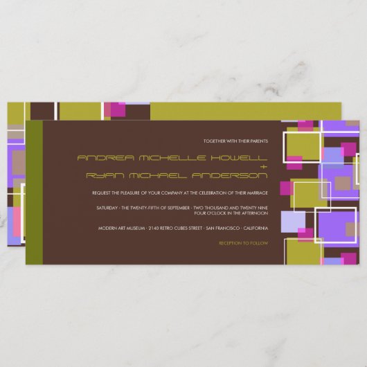 カラフルでモダンで幾何学的なおもしろいのレトロは結婚式を立方体にします 招待状 (正面/裏面)