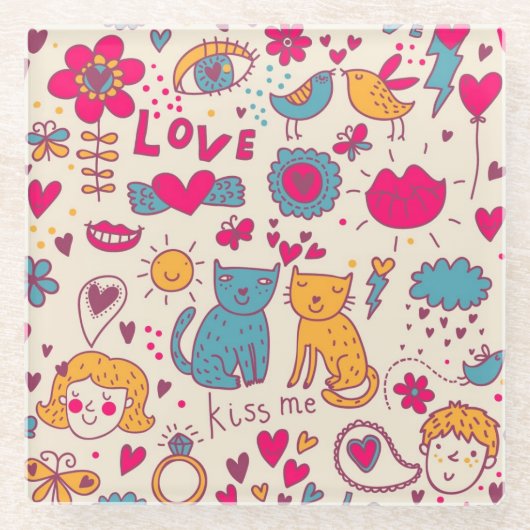 カラフルでロマンチックなパターン ガラスコースター (正面)