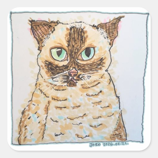 カラフルで個性的な猫の肖像画 スクエアシール (正面)