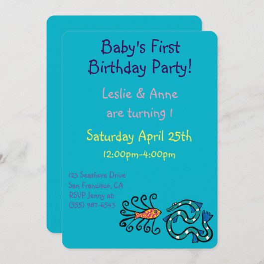 カラフルで図解入りの、写真付きのな魚の友人 招待状 (正面/裏面)