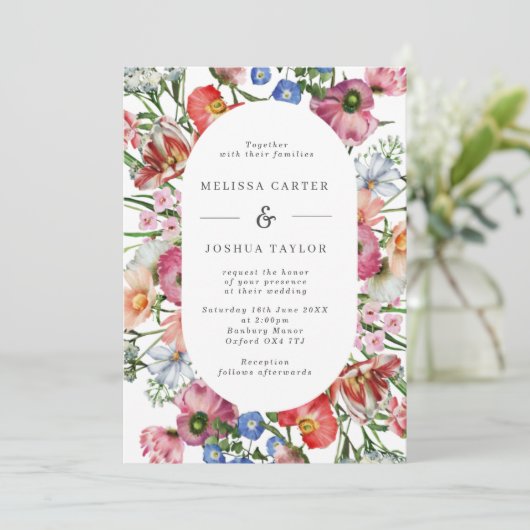 カラフルで大胆な水彩花の額縁 ウェディング 招待状 (スタンド正面)