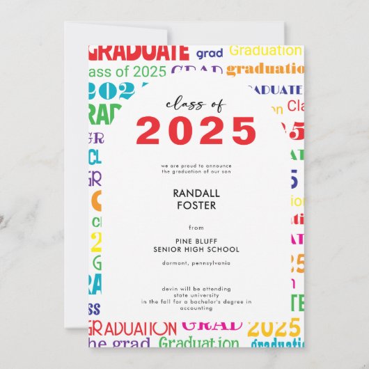 **カラフルで存在感のあるタイポグラフィーの卒業おめでとう** 招待状 (裏面)