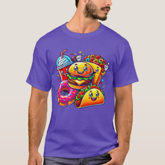 カラフルで幸せなフードフレンド デジタルキャラクターアート Tシャツ