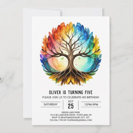 カラフルで幻想的な生命の木の誕生日 招待状 (正面)