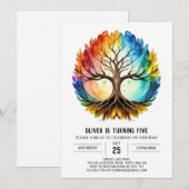カラフルで幻想的な生命の木の誕生日 招待状 (正面/裏面)