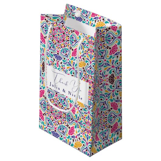 カラフルで情熱的なメキシカンフィエスタスタイルの虹色ウェディング スモールペーパーバッグ (正面アングル)
