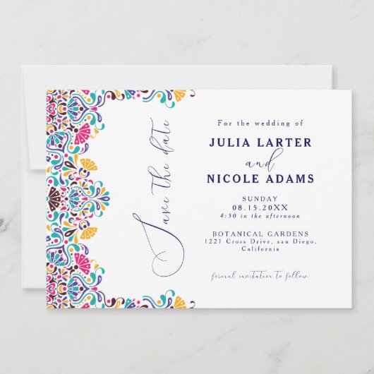 カラフルで情熱的なメキシカンフィエスタスタイルの虹色ウェディング セーブザデート (正面)