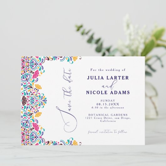 カラフルで情熱的なメキシカンフィエスタスタイルの虹色ウェディング セーブザデート (スタンド正面)