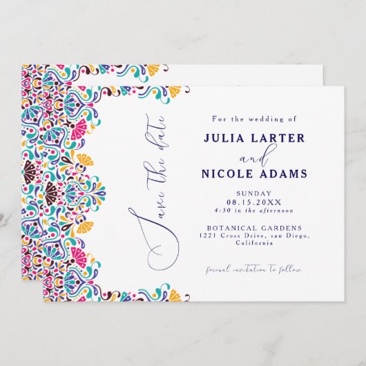 カラフルで情熱的なメキシカンフィエスタスタイルの虹色ウェディング セーブザデート (正面/裏面)