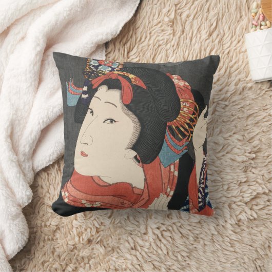 カラフルで日本のな女性のヴィンテージの絵を描くこと クッション (ブランケット)