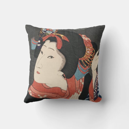 カラフルで日本のな女性のヴィンテージの絵を描くこと クッション (裏面)